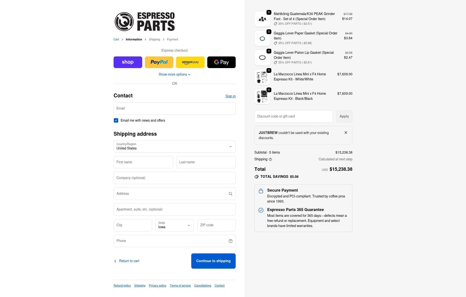 Espresso Parts checkout page showing Espresso Parts discount code box | Screenshot taken by SimplyCodes community member on Feb 7, 2026