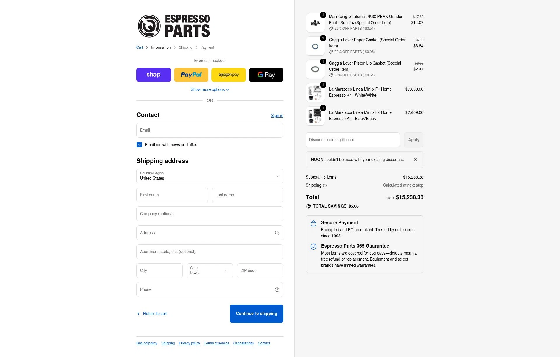 Espresso Parts checkout page showing Espresso Parts discount code box | Screenshot taken by SimplyCodes community member on Feb 7, 2026