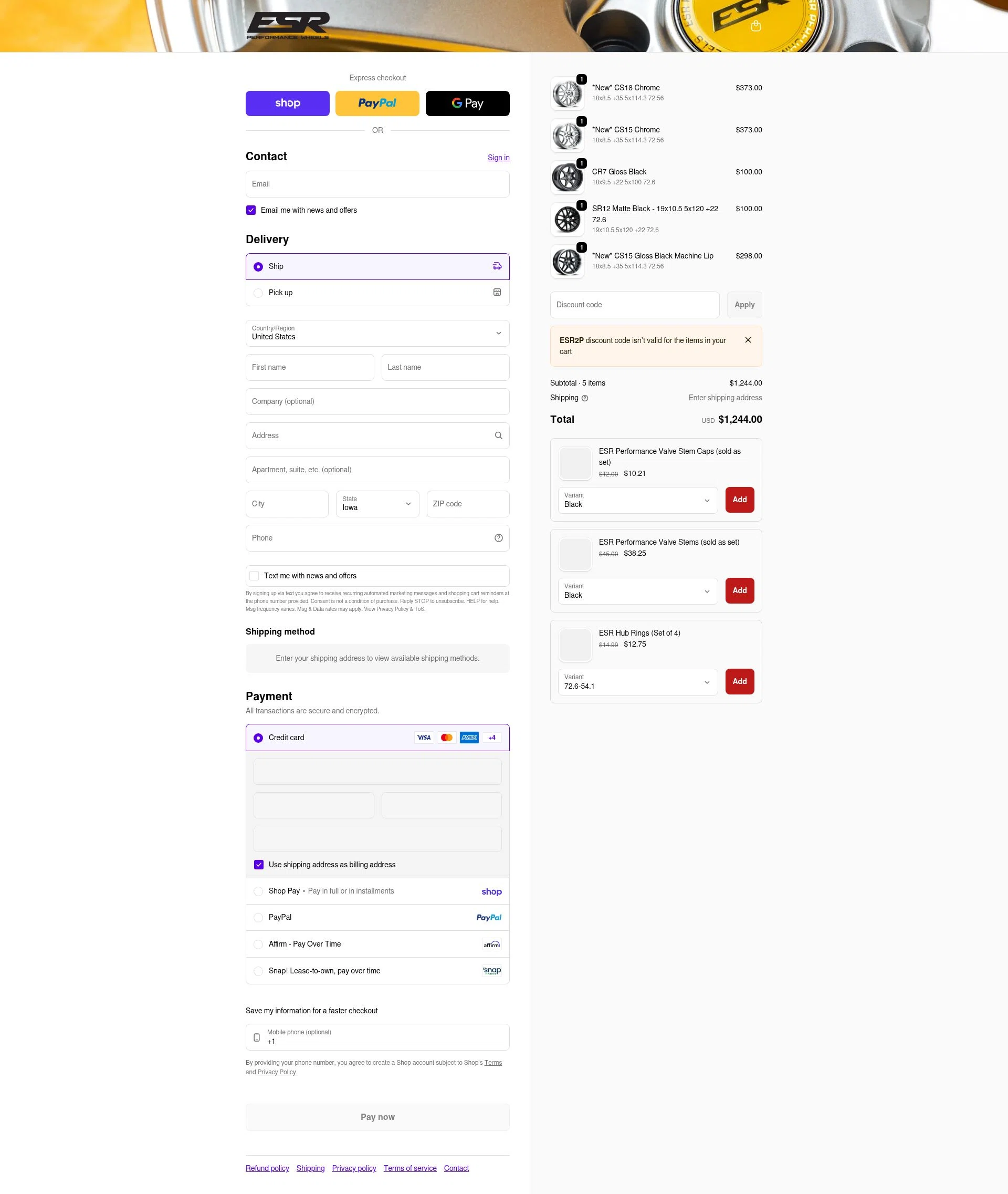 ESR Performance Wheels checkout page showing ESR Performance Wheels promo code box | Screenshot taken by SimplyCodes community member on Feb 15, 2026