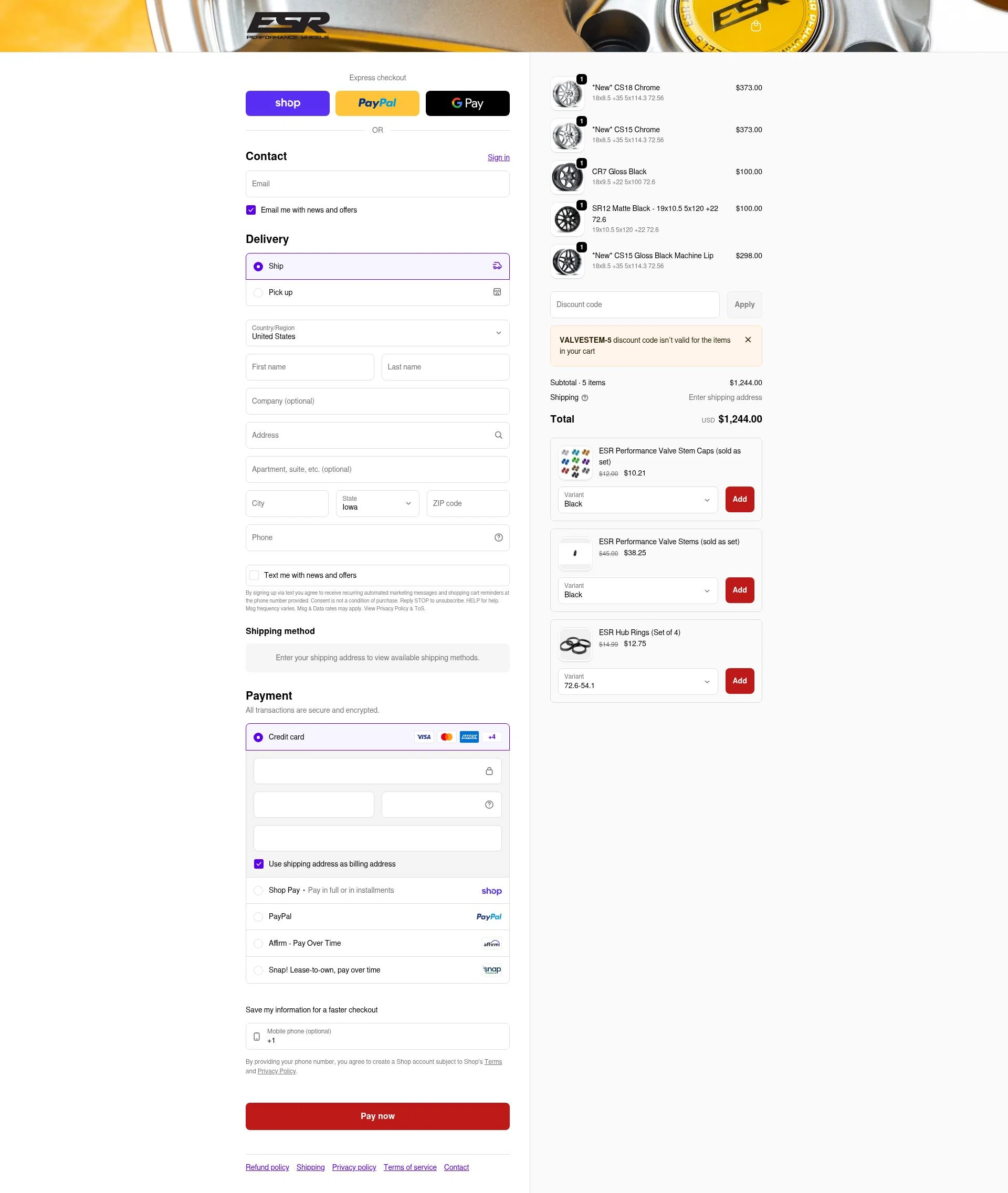 ESR Performance Wheels checkout page showing ESR Performance Wheels promo code box | Screenshot taken by SimplyCodes community member on Feb 11, 2026