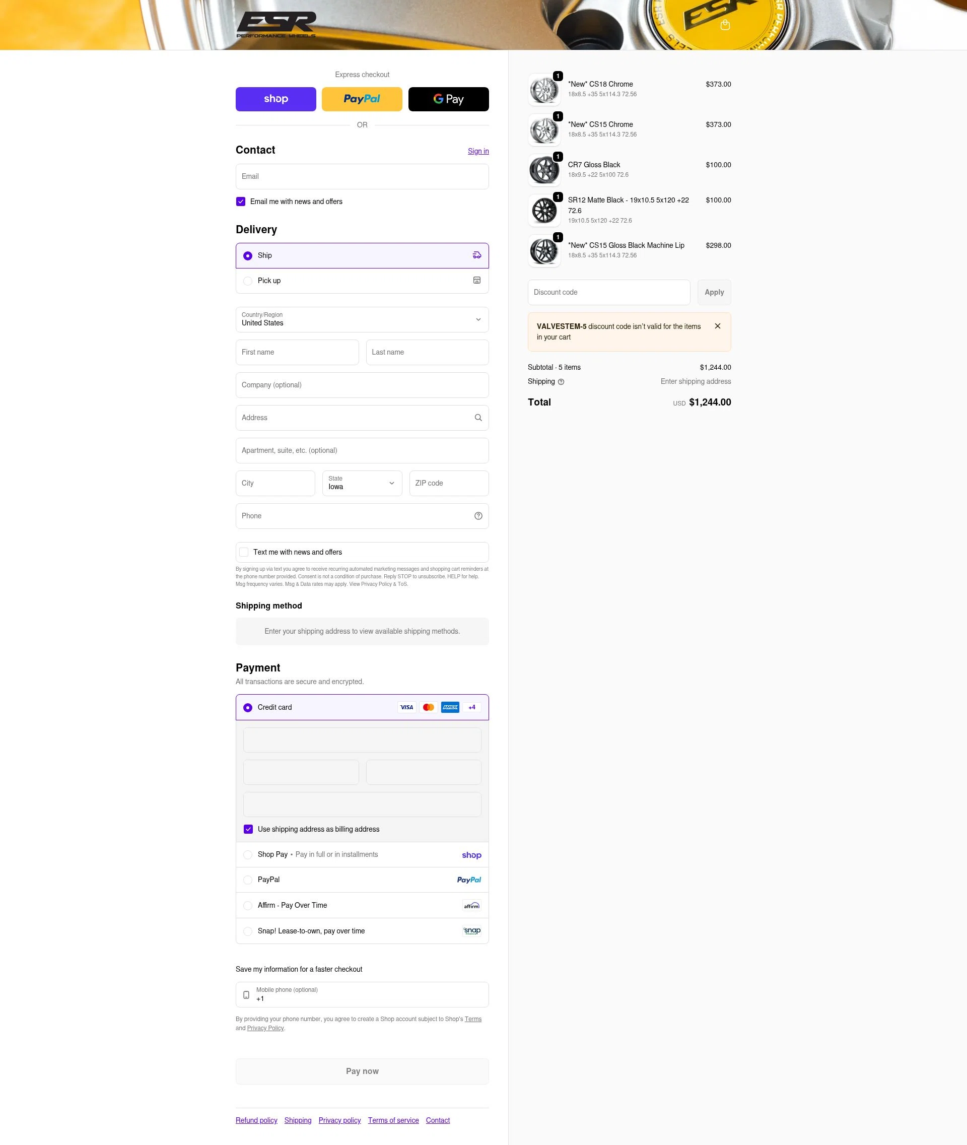 ESR Performance Wheels checkout page showing ESR Performance Wheels promo code box | Screenshot taken by SimplyCodes community member on Feb 6, 2026