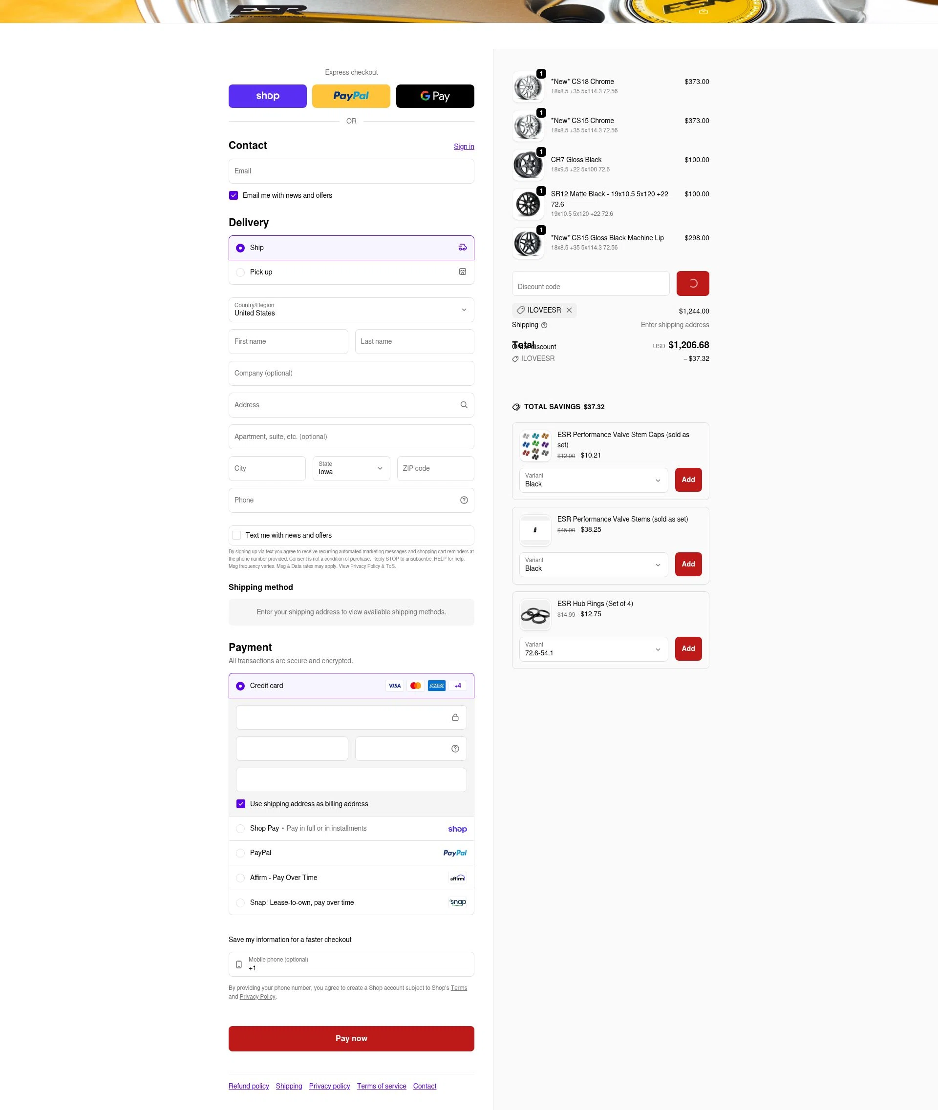 ESR Performance Wheels checkout page showing ESR Performance Wheels promo code box | Screenshot taken by SimplyCodes community member on Feb 11, 2026