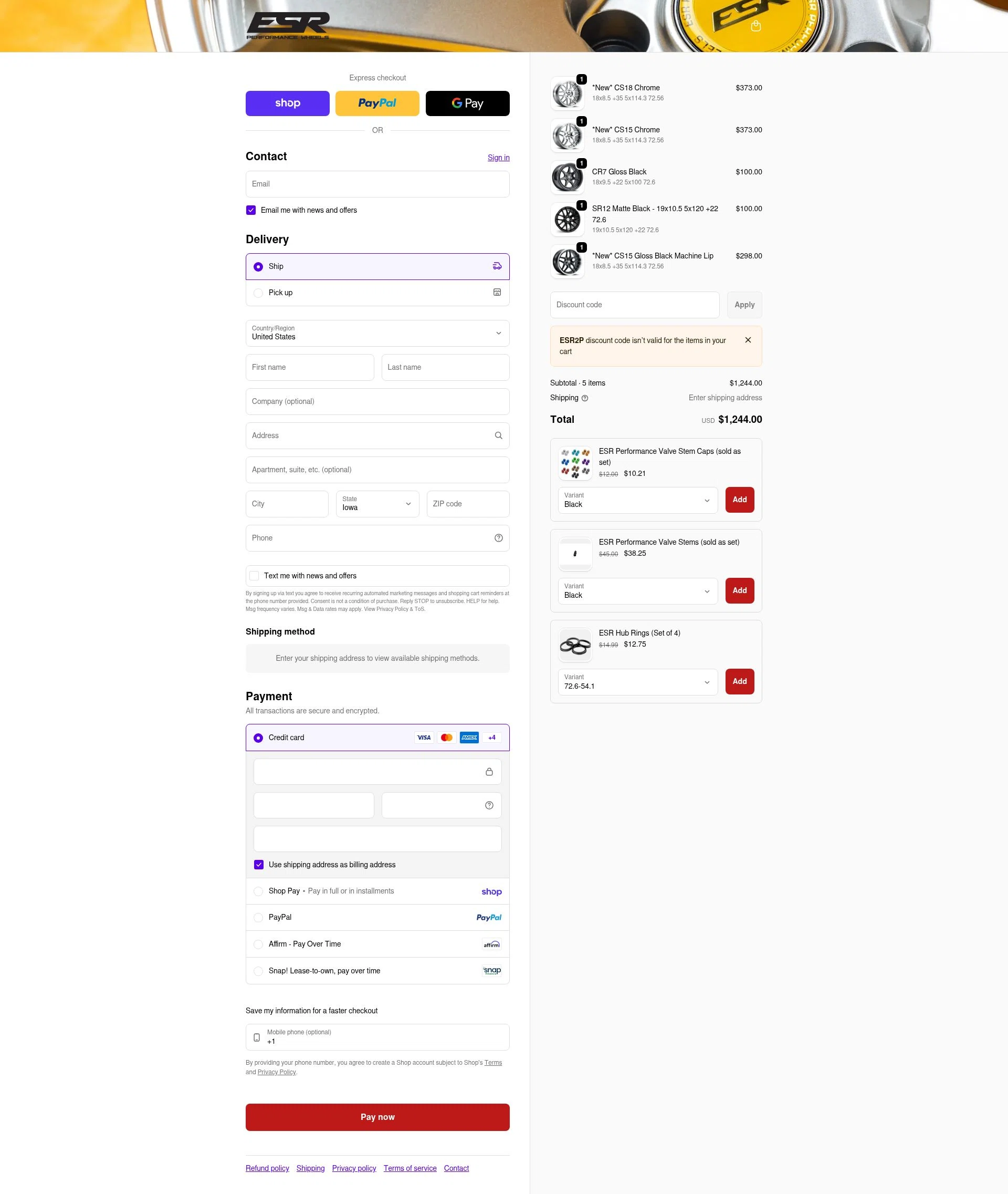 ESR Performance Wheels checkout page showing ESR Performance Wheels promo code box | Screenshot taken by SimplyCodes community member on Feb 6, 2026
