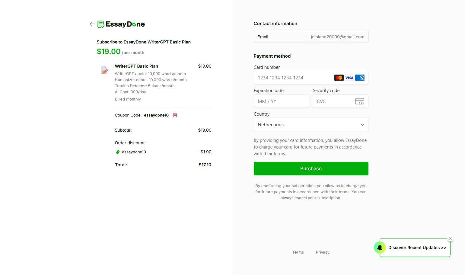 EssayDone checkout page showing EssayDone promo code box | Screenshot taken by SimplyCodes community member on Jun 18, 2025