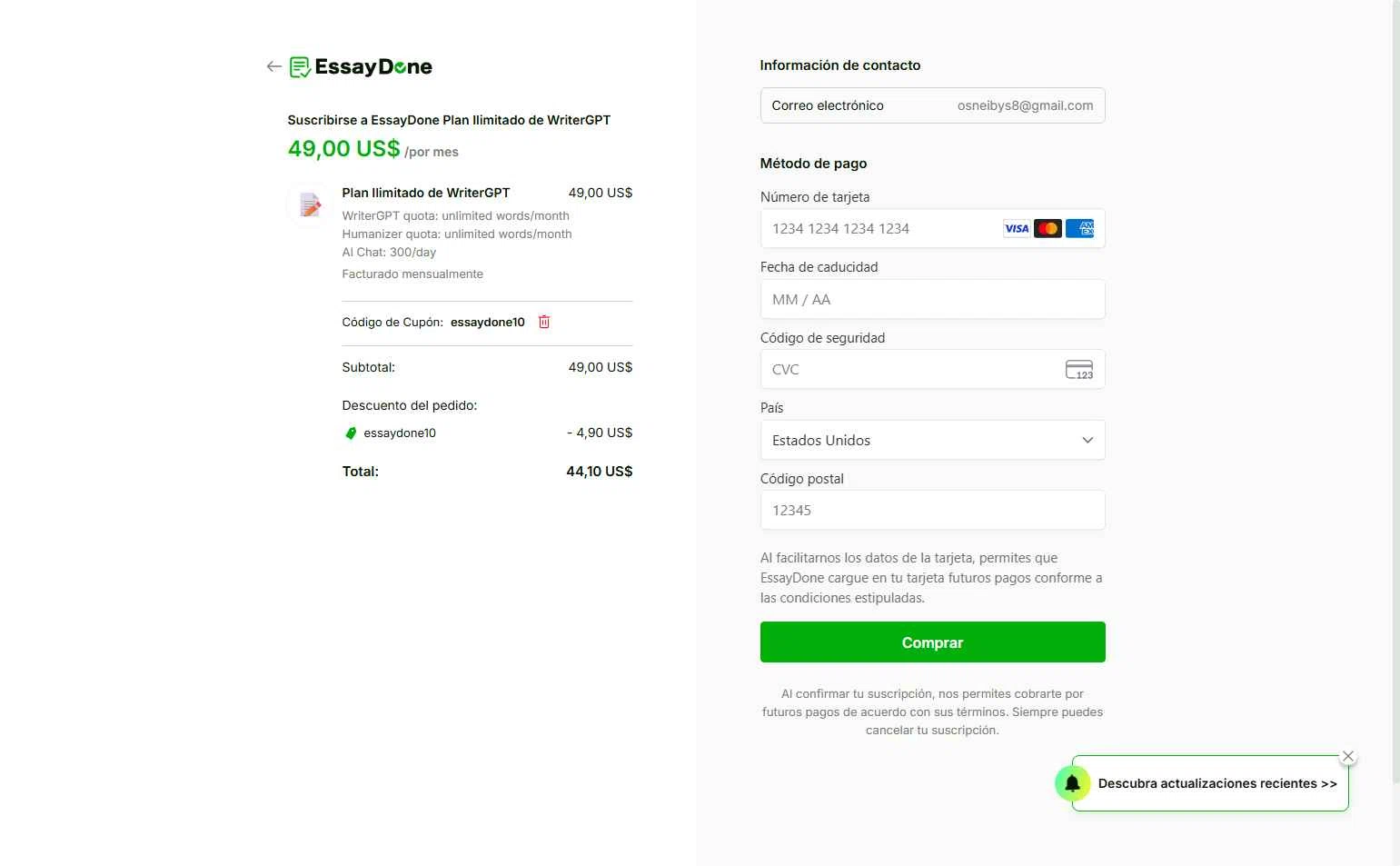 EssayDone checkout page showing EssayDone promo code box | Screenshot taken by SimplyCodes community member on Jul 7, 2025
