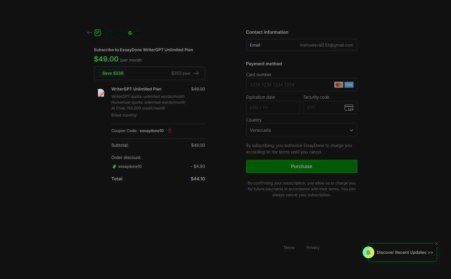 EssayDone checkout page showing EssayDone promo code box | Screenshot taken by SimplyCodes community member on Dec 3, 2025