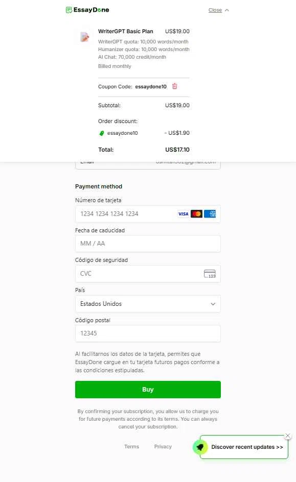 EssayDone checkout page showing EssayDone promo code box | Screenshot taken by SimplyCodes community member on Jul 28, 2025