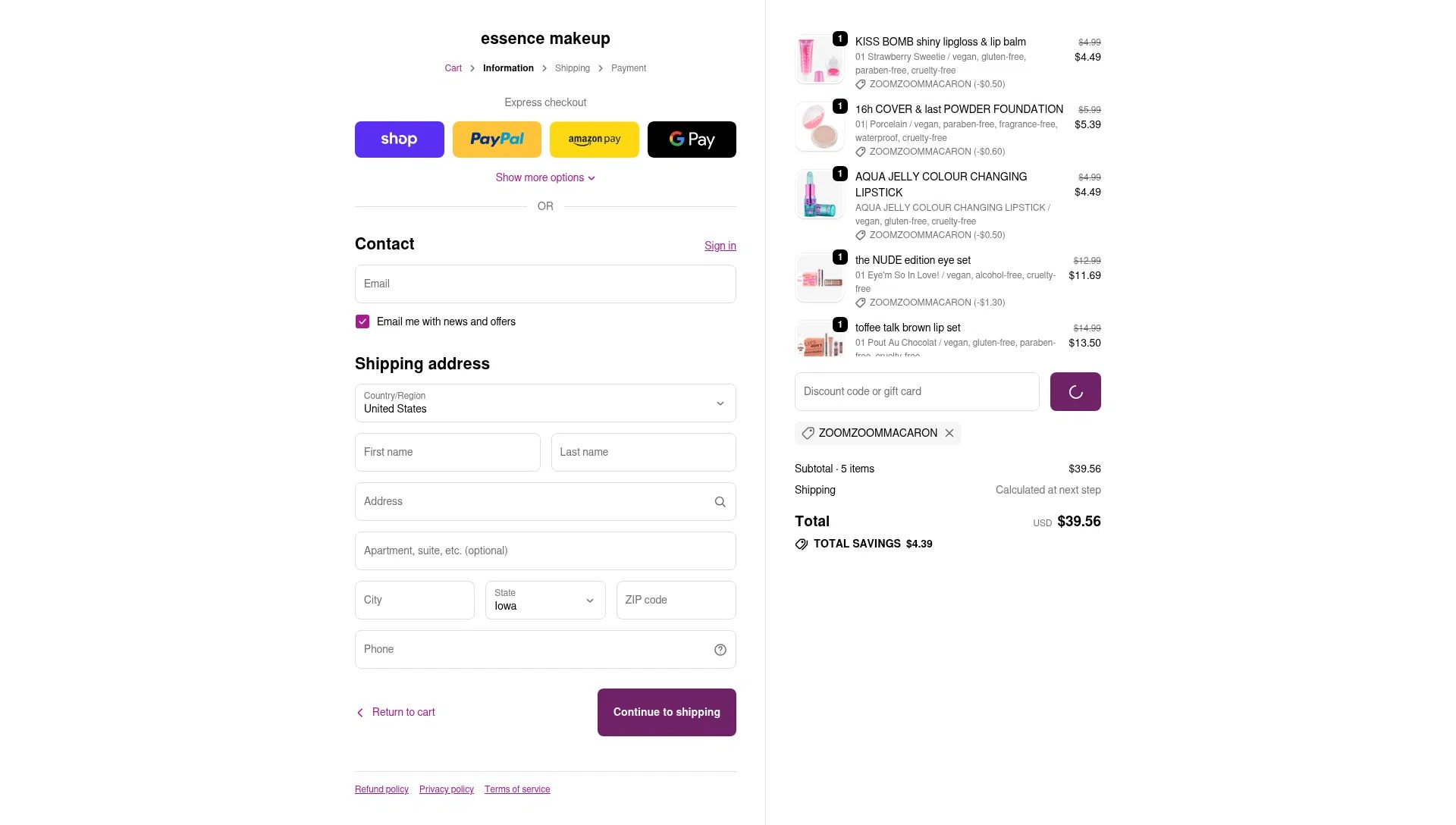 Essence Makeup checkout page showing Essence Makeup promo code box | Screenshot taken by SimplyCodes community member on Feb 12, 2026