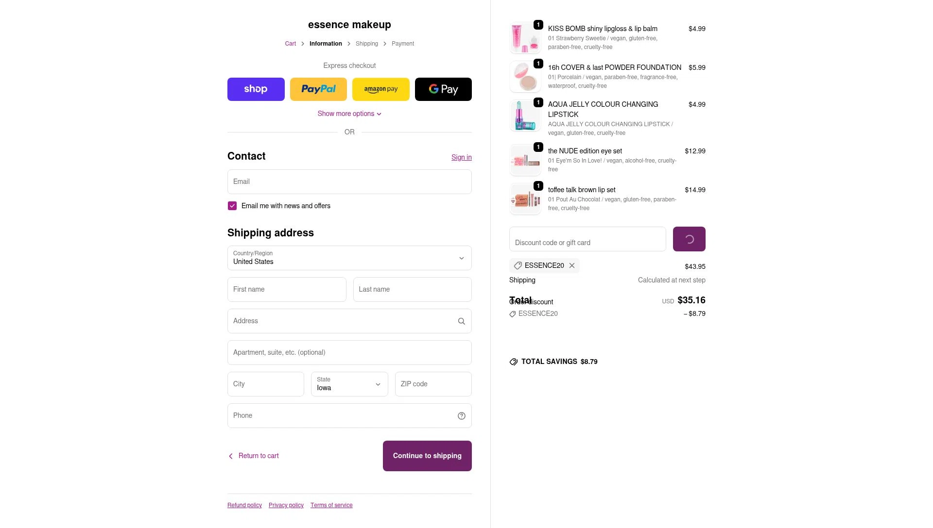 Essence Makeup checkout page showing Essence Makeup promo code box | Screenshot taken by SimplyCodes community member on Feb 12, 2026