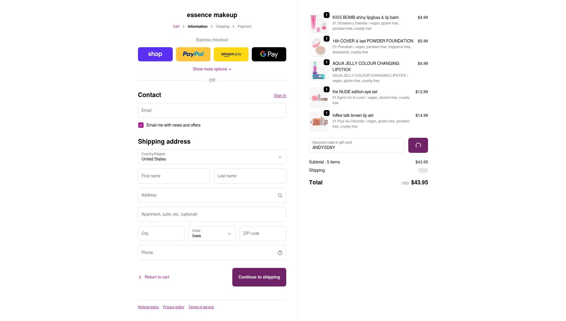 Essence Makeup checkout page showing Essence Makeup promo code box | Screenshot taken by SimplyCodes community member on Feb 12, 2026