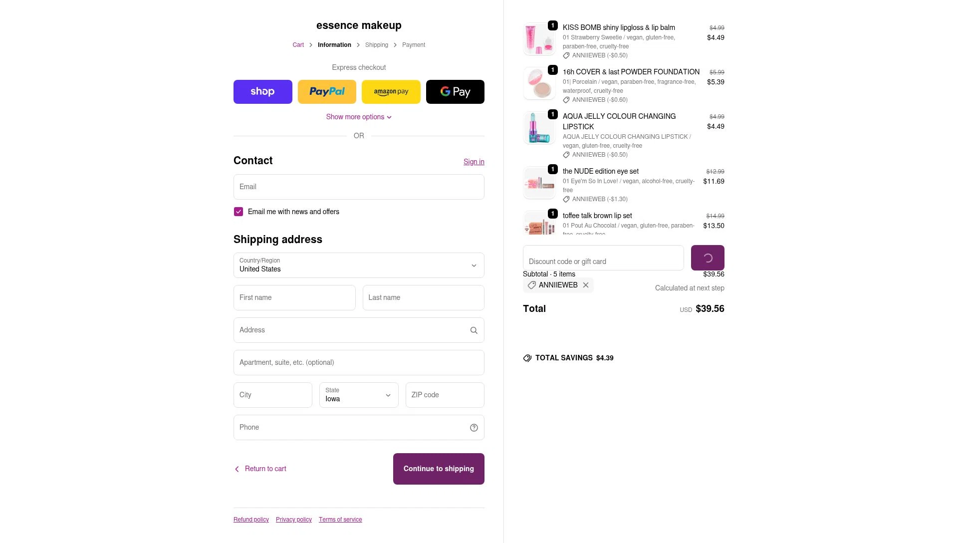 Essence Makeup checkout page showing Essence Makeup promo code box | Screenshot taken by SimplyCodes community member on Feb 12, 2026