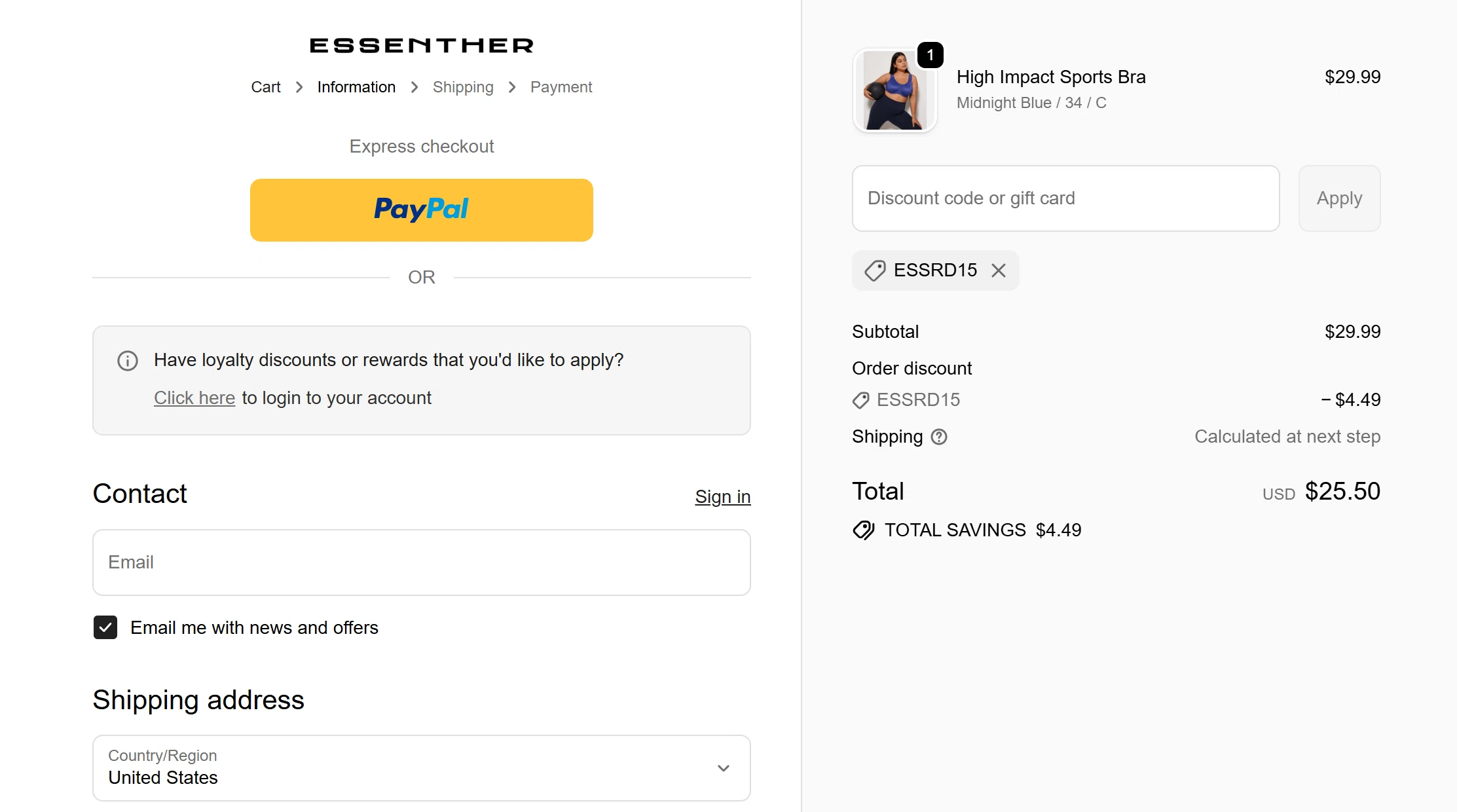 Essenther discount code screenshot showing code ESSRD15 applied at Essenther checkout page. Uploaded by SimplyCodes community member GloriousWarden on Oct 2, 2025