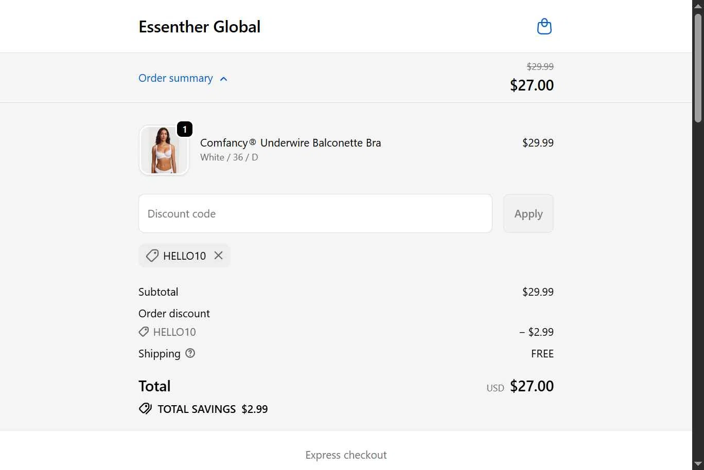 Essenther checkout page showing Essenther discount code box | Screenshot taken by SimplyCodes community member on Nov 22, 2025