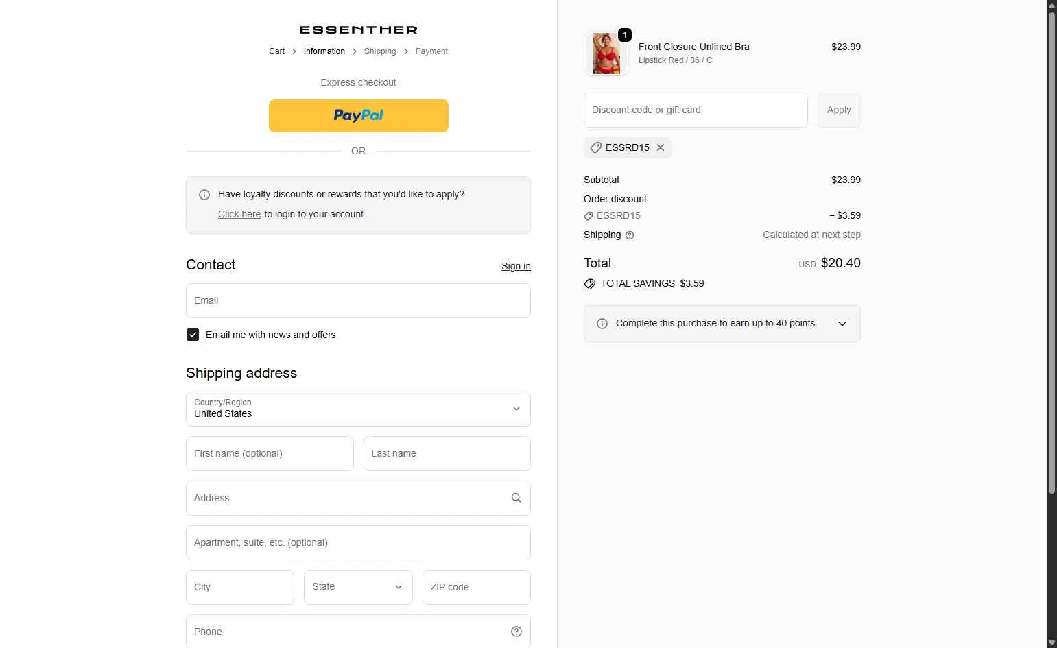 Essenther checkout page showing Essenther discount code box | Screenshot taken by SimplyCodes community member on Dec 29, 2025