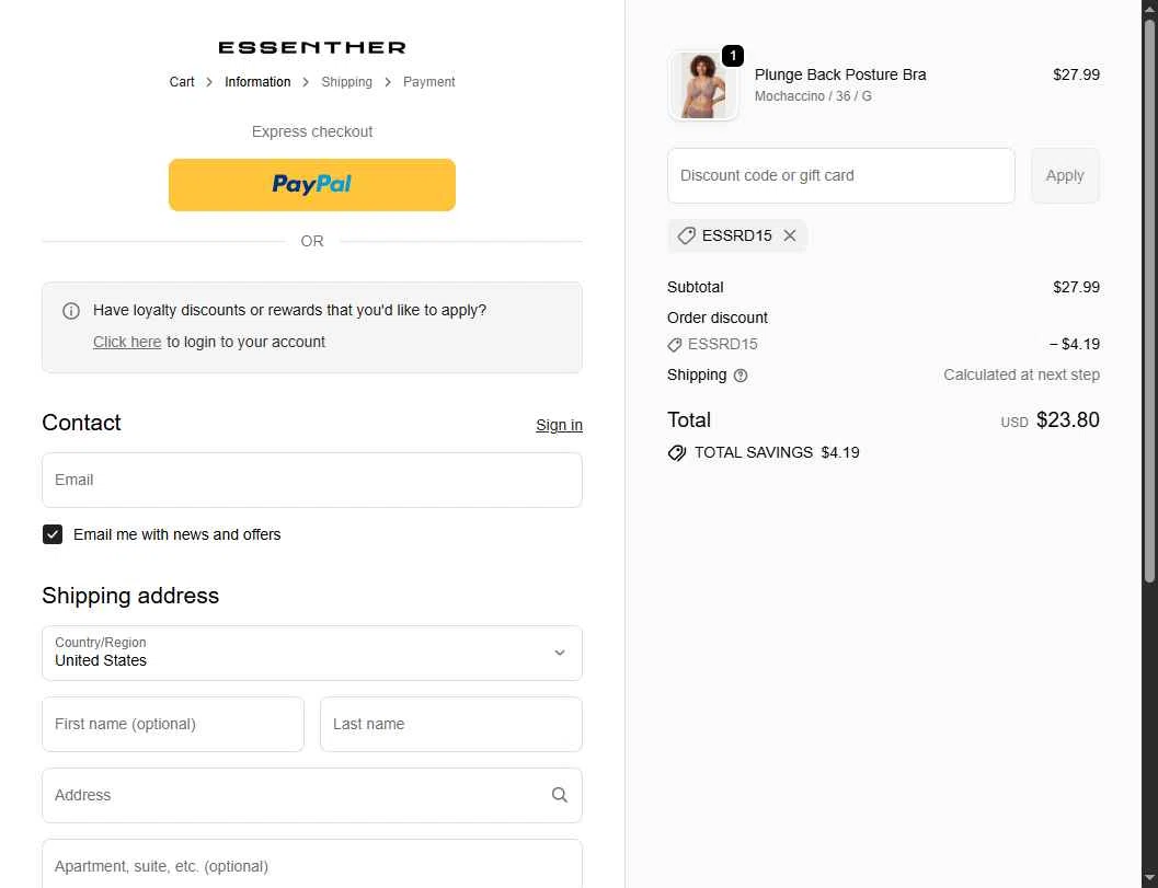 Essenther checkout page showing Essenther discount code box | Screenshot taken by SimplyCodes community member on Nov 30, 2025
