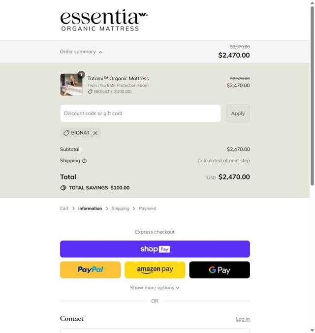 Essentia checkout page showing Essentia promo code box | Screenshot taken by SimplyCodes community member on Aug 22, 2025