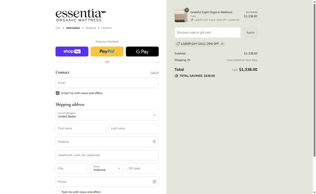 Essentia checkout page showing Essentia promo code box | Screenshot taken by SimplyCodes community member on Aug 23, 2025