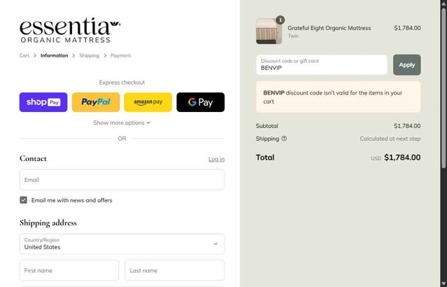 Essentia checkout page showing Essentia promo code box | Screenshot taken by SimplyCodes community member on Aug 23, 2025