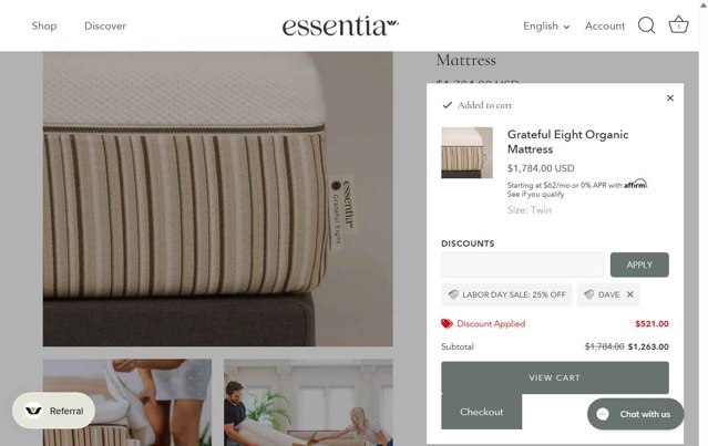 Essentia checkout page showing Essentia promo code box | Screenshot taken by SimplyCodes community member on Aug 22, 2025