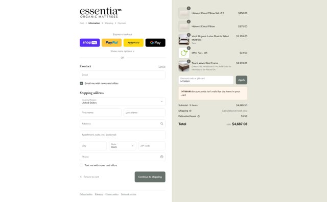 Essentia checkout page showing Essentia promo code box | Screenshot taken by SimplyCodes community member on Aug 17, 2025