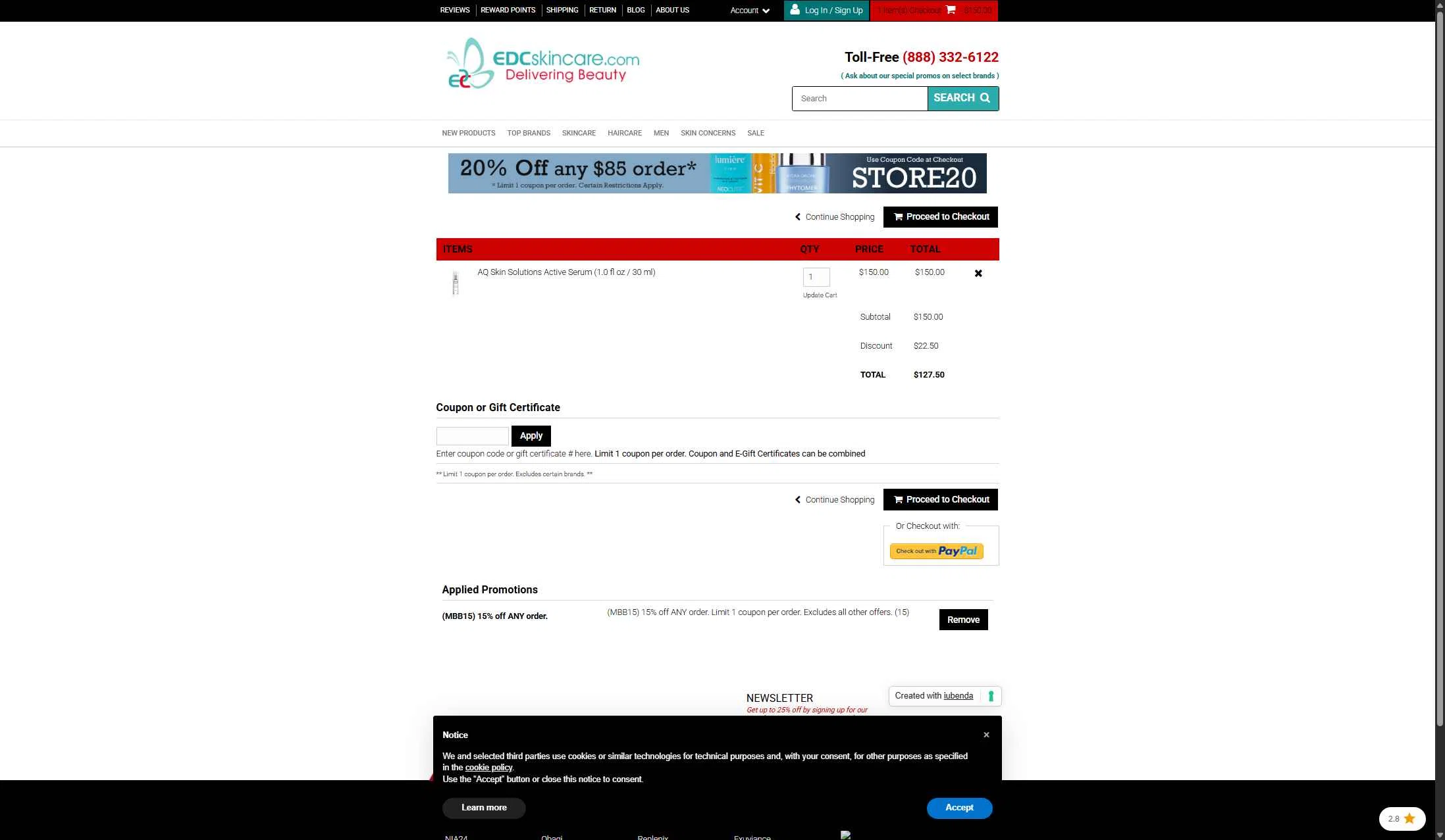 EDCskincare.com checkout page showing EDCskincare.com coupon code box | Screenshot taken by SimplyCodes community member on Jan 14, 2026