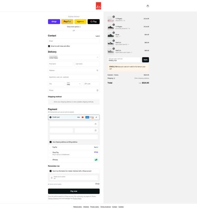 eS Skateboarding checkout page showing eS Skateboarding promo code box | Screenshot taken by SimplyCodes community member on Sep 8, 2025