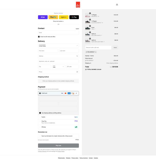 eS Skateboarding checkout page showing eS Skateboarding promo code box | Screenshot taken by SimplyCodes community member on Sep 8, 2025