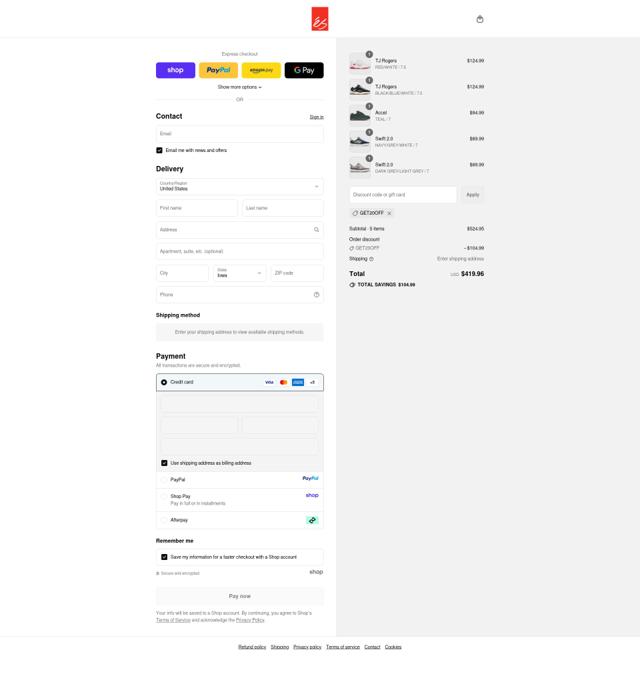eS Skateboarding checkout page showing eS Skateboarding promo code box | Screenshot taken by SimplyCodes community member on Sep 12, 2025