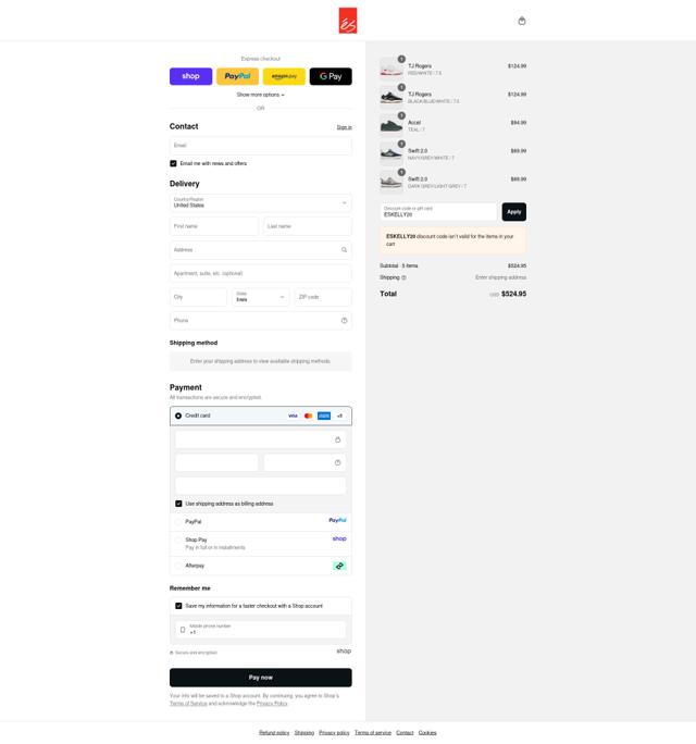 eS Skateboarding checkout page showing eS Skateboarding promo code box | Screenshot taken by SimplyCodes community member on Sep 11, 2025