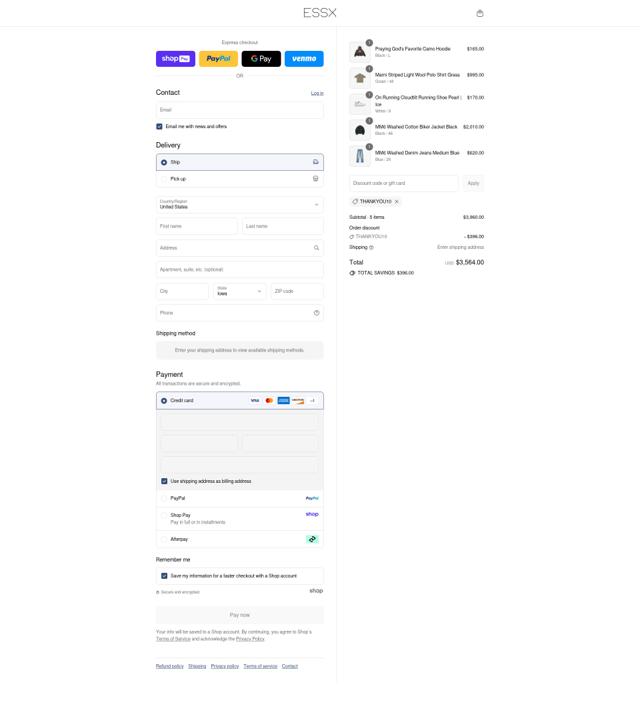 ESSX NYC checkout page showing ESSX NYC promo code box | Screenshot taken by SimplyCodes community member on Aug 15, 2025