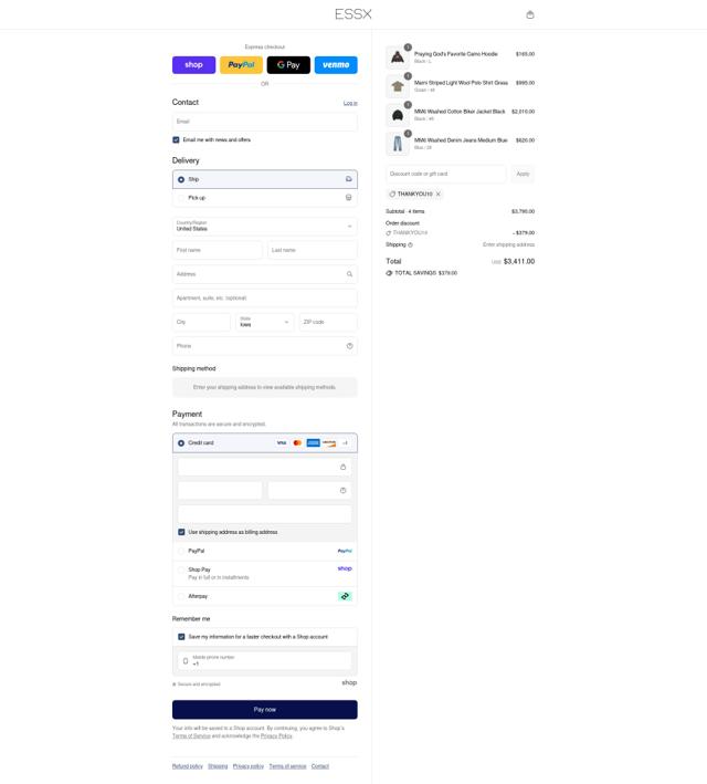 ESSX NYC checkout page showing ESSX NYC promo code box | Screenshot taken by SimplyCodes community member on Sep 2, 2025