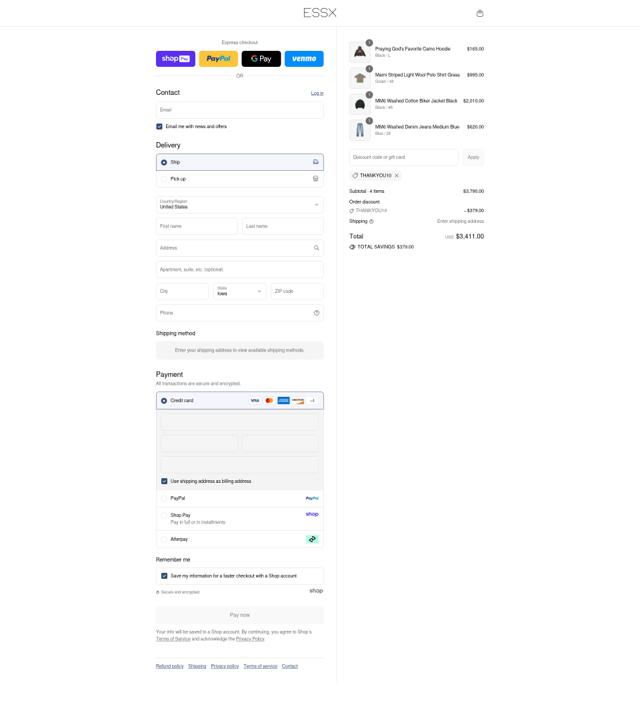 ESSX NYC checkout page showing ESSX NYC promo code box | Screenshot taken by SimplyCodes community member on Aug 21, 2025