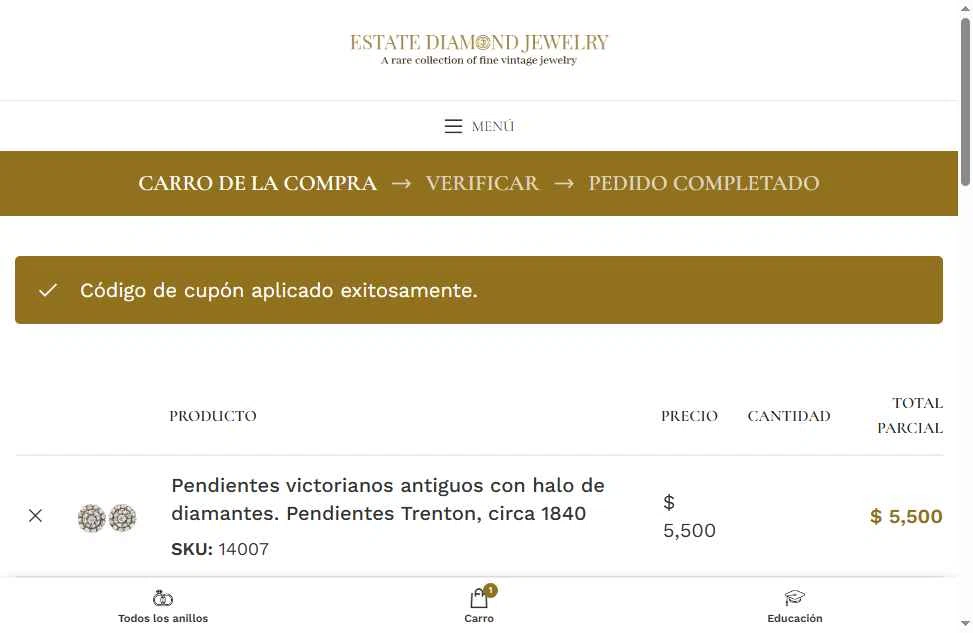 Estate Diamond Jewelry checkout page showing Estate Diamond Jewelry promo code box | Screenshot taken by SimplyCodes community member on Sep 17, 2025