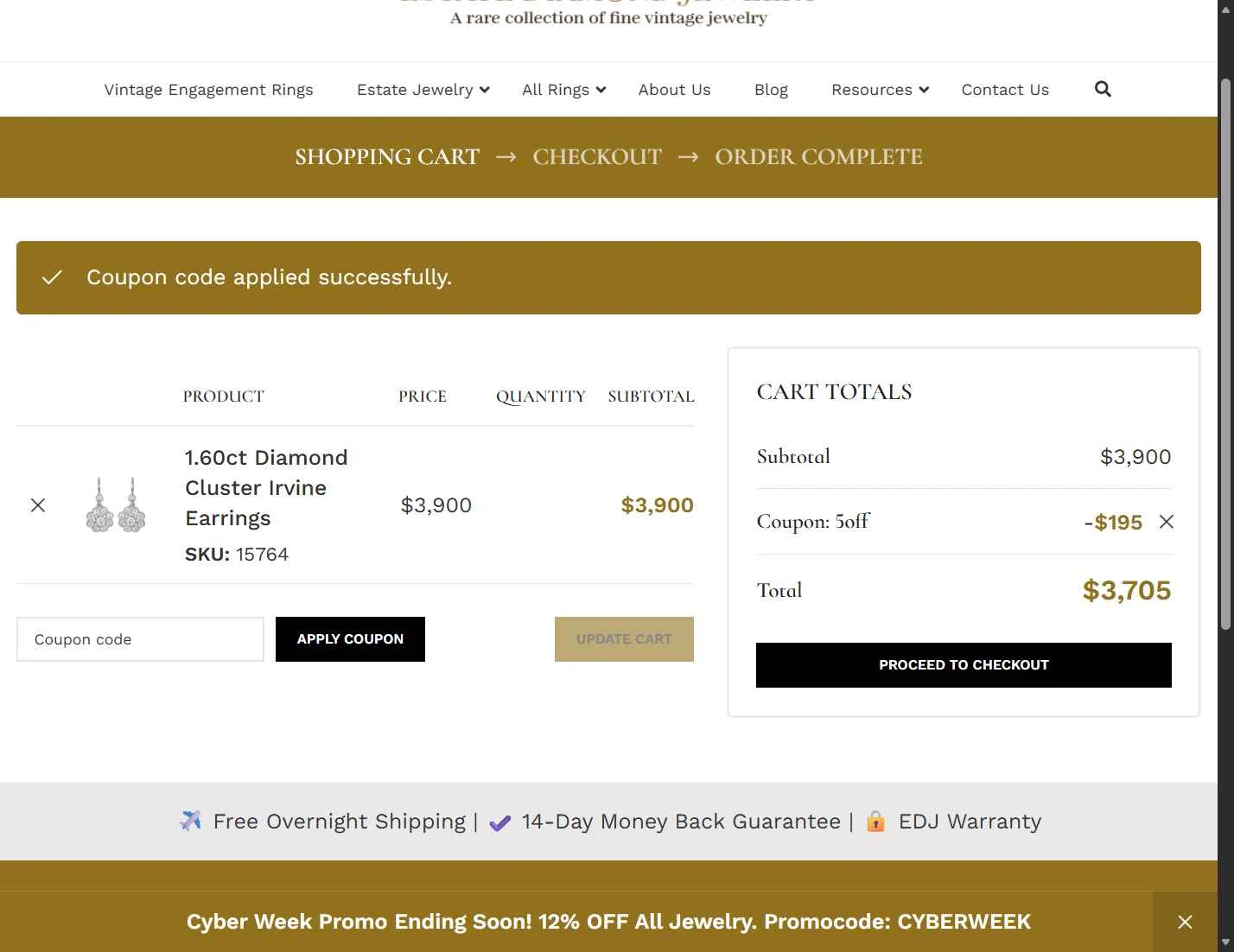 Estate Diamond Jewelry checkout page showing Estate Diamond Jewelry promo code box | Screenshot taken by SimplyCodes community member on Dec 3, 2025