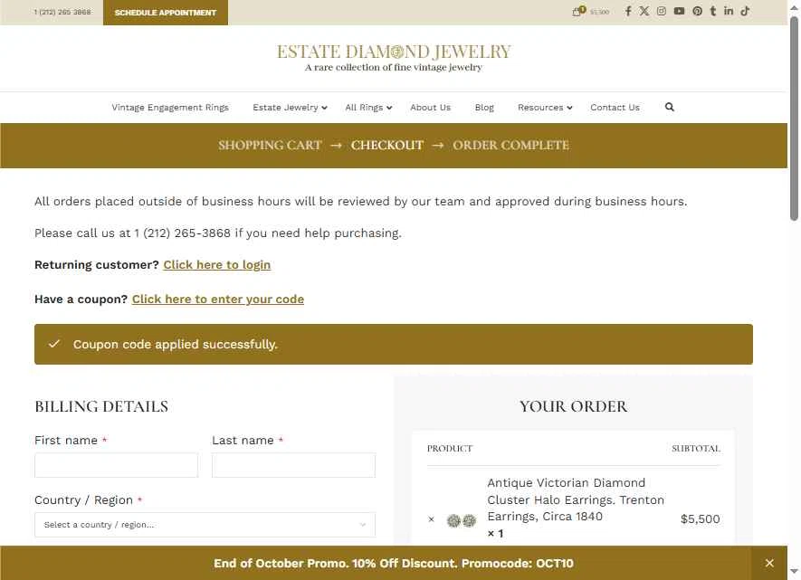 Estate Diamond Jewelry checkout page showing Estate Diamond Jewelry promo code box | Screenshot taken by SimplyCodes community member on Oct 22, 2025