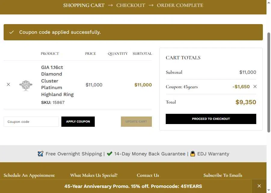 Estate Diamond Jewelry checkout page showing Estate Diamond Jewelry promo code box | Screenshot taken by SimplyCodes community member on Jul 28, 2025