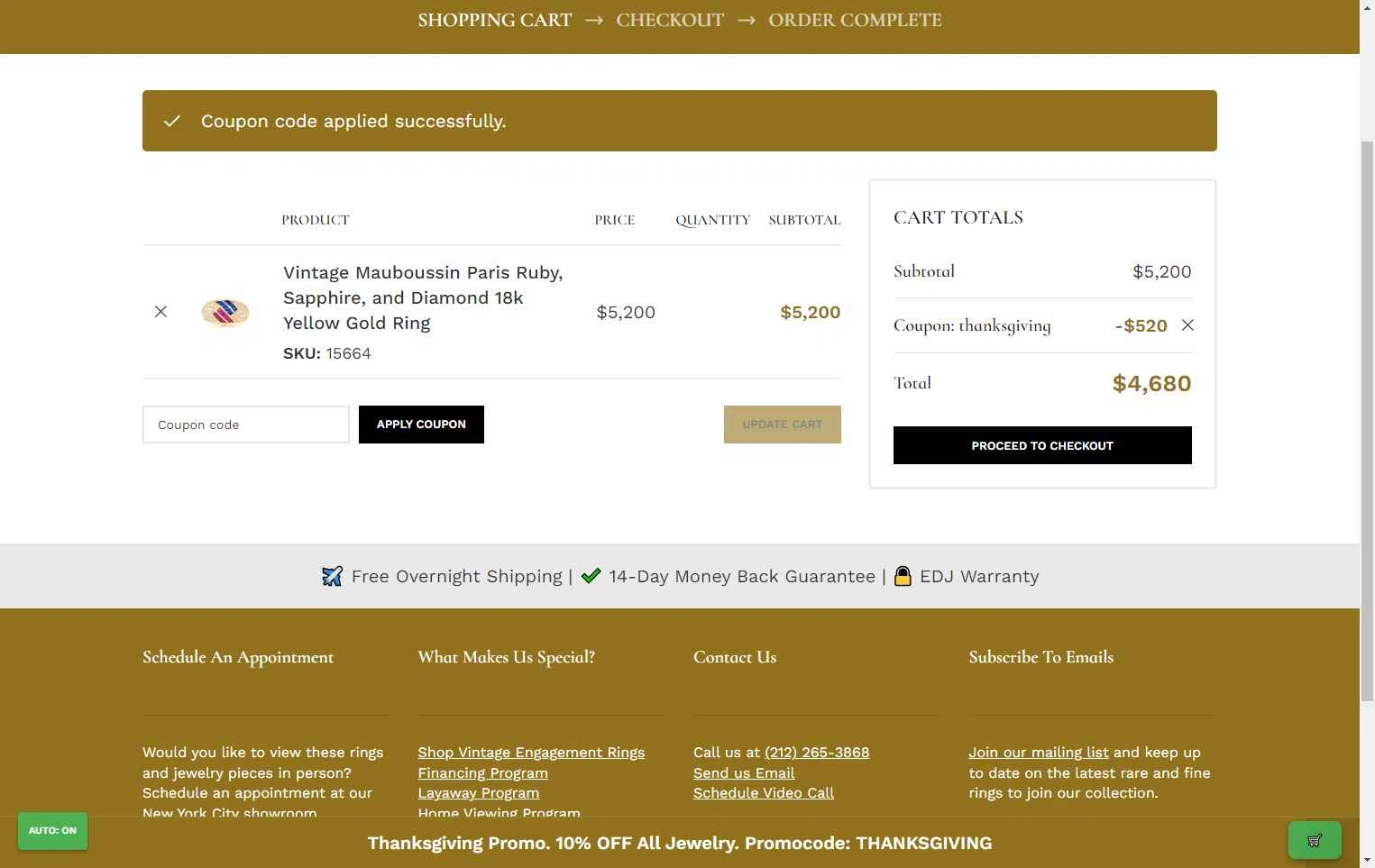 Estate Diamond Jewelry checkout page showing Estate Diamond Jewelry promo code box | Screenshot taken by SimplyCodes community member on Nov 19, 2025