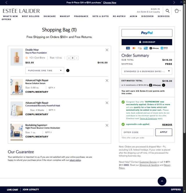 Estee Lauder checkout page showing Estee Lauder promo code box | Screenshot taken by SimplyCodes community member on Aug 19, 2025