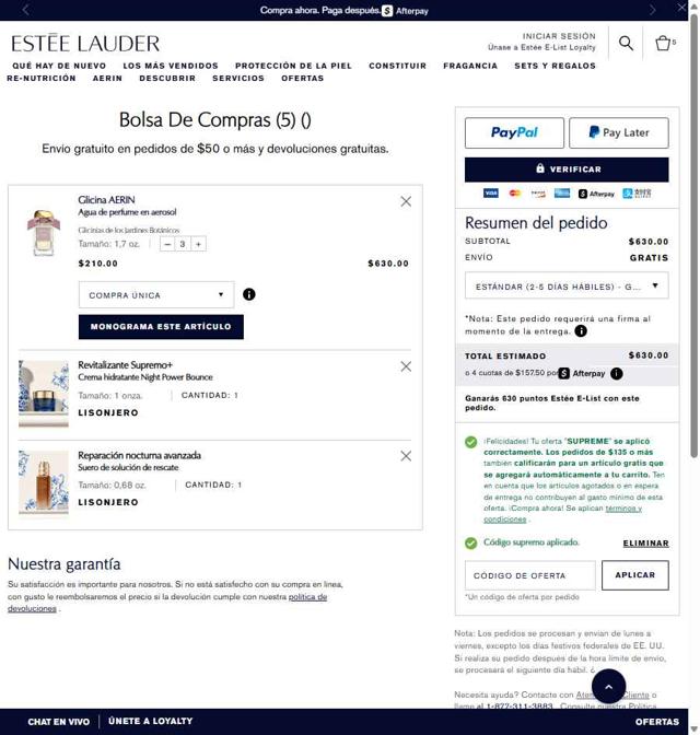 Estee Lauder checkout page showing Estee Lauder promo code box | Screenshot taken by SimplyCodes community member on Aug 30, 2025