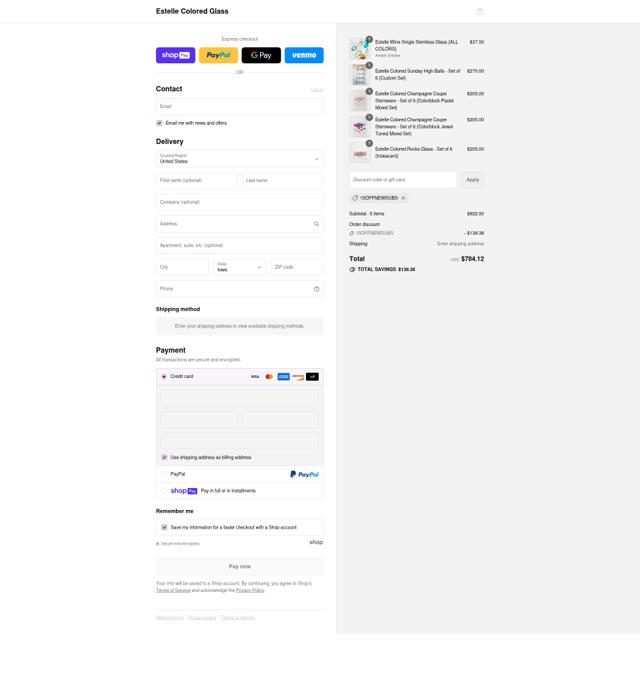 Estelle Colored Glass checkout page showing Estelle Colored Glass promo code box | Screenshot taken by SimplyCodes community member on Aug 4, 2025