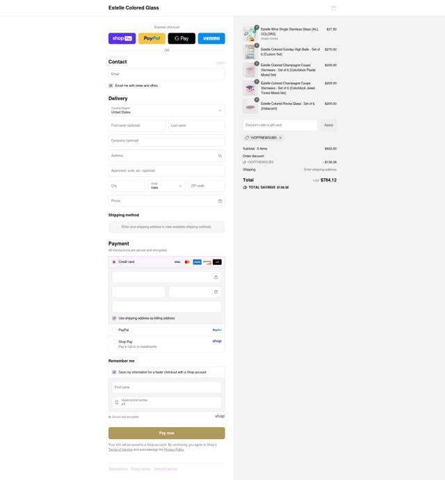 Estelle Colored Glass checkout page showing Estelle Colored Glass promo code box | Screenshot taken by SimplyCodes community member on Aug 22, 2025