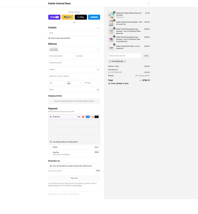 Estelle Colored Glass checkout page showing Estelle Colored Glass promo code box | Screenshot taken by SimplyCodes community member on Aug 16, 2025