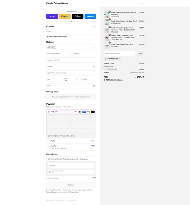 Estelle Colored Glass checkout page showing Estelle Colored Glass promo code box | Screenshot taken by SimplyCodes community member on Sep 3, 2025
