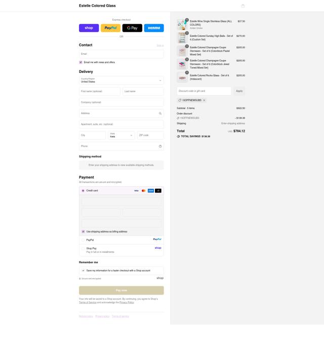 Estelle Colored Glass checkout page showing Estelle Colored Glass promo code box | Screenshot taken by SimplyCodes community member on Sep 11, 2025