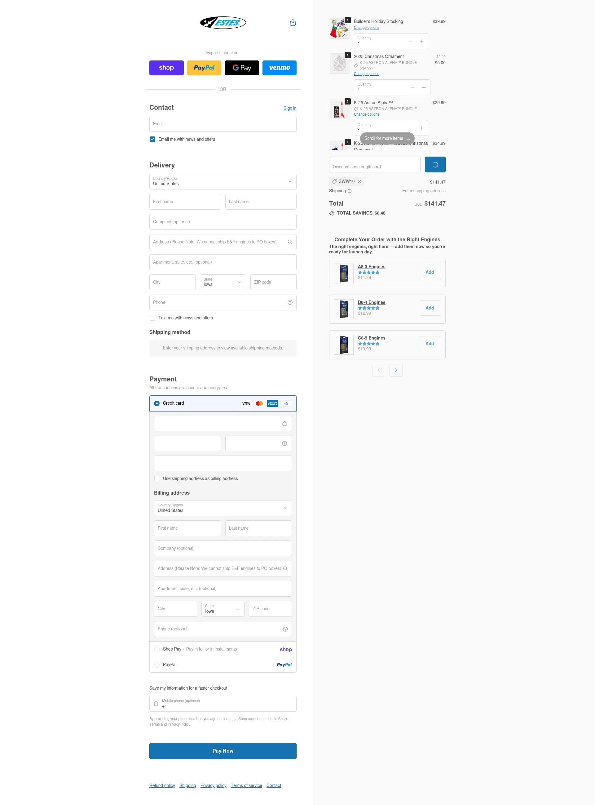 Estes Rockets checkout page showing Estes Rockets discount code box | Screenshot taken by SimplyCodes community member on Jan 31, 2026