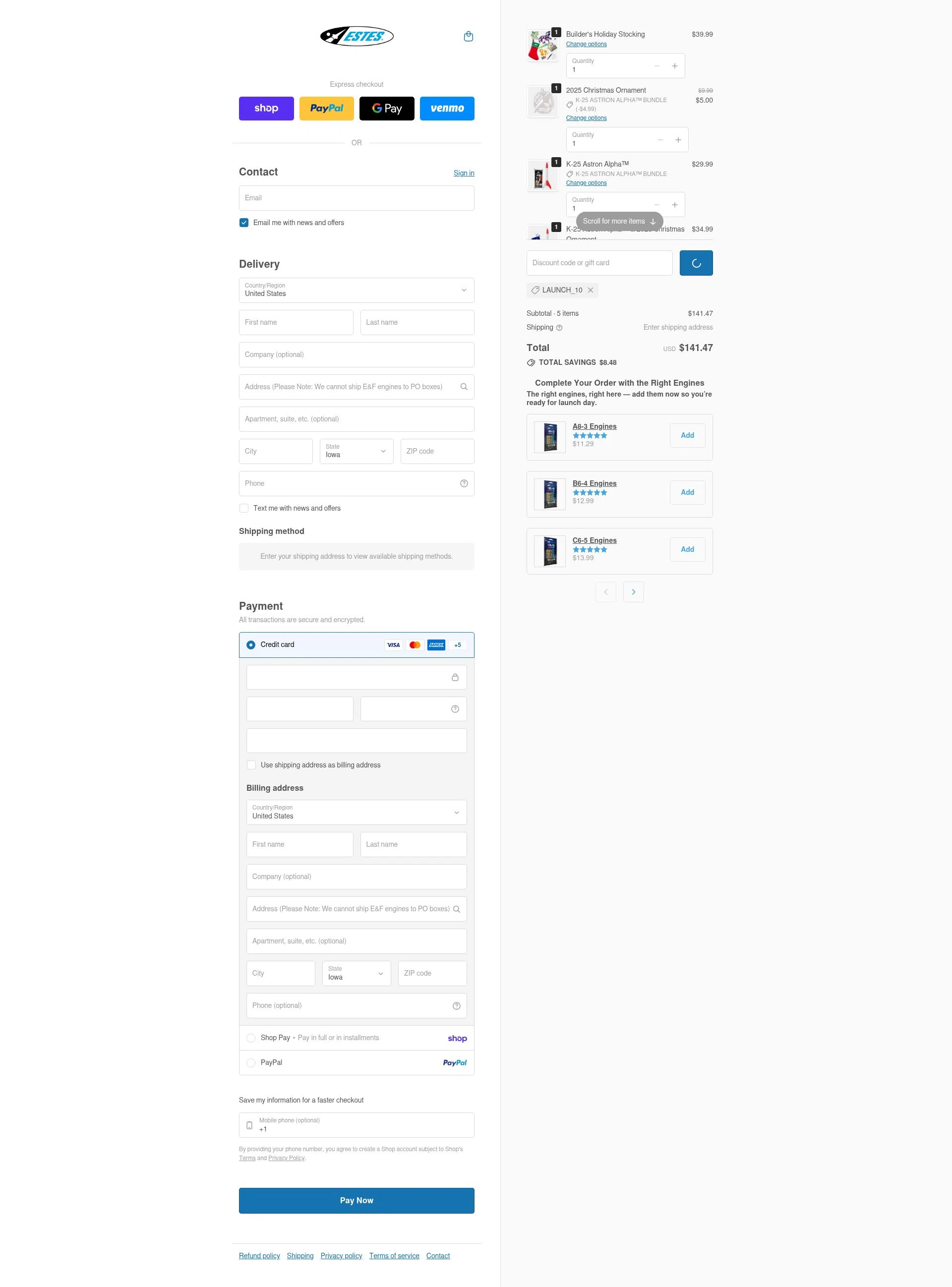 Estes Rockets checkout page showing Estes Rockets discount code box | Screenshot taken by SimplyCodes community member on Jan 31, 2026