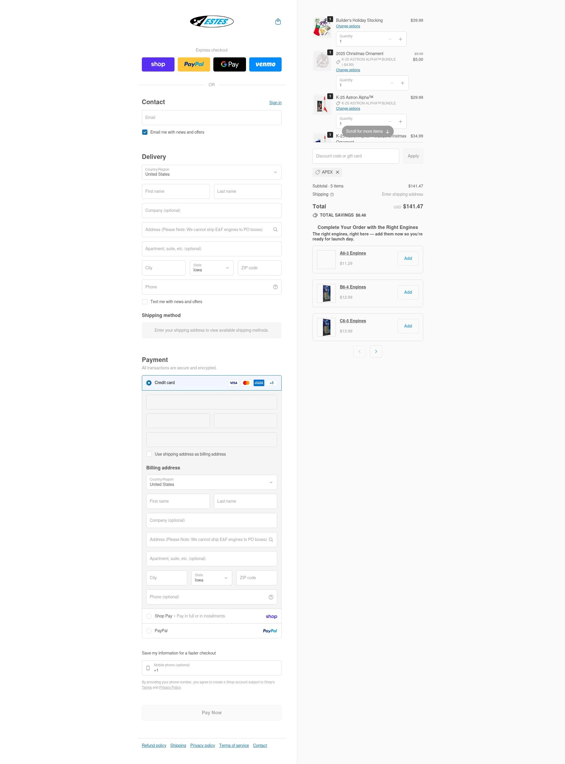 Estes Rockets checkout page showing Estes Rockets discount code box | Screenshot taken by SimplyCodes community member on Jan 31, 2026