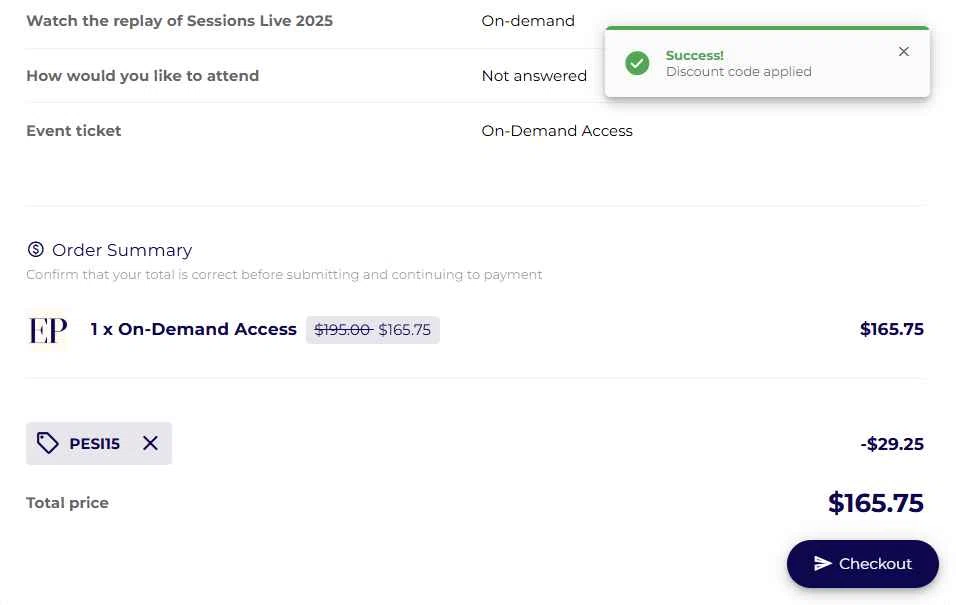 Esther Perel checkout page showing Esther Perel coupon code box | Screenshot taken by SimplyCodes community member on Jul 10, 2025