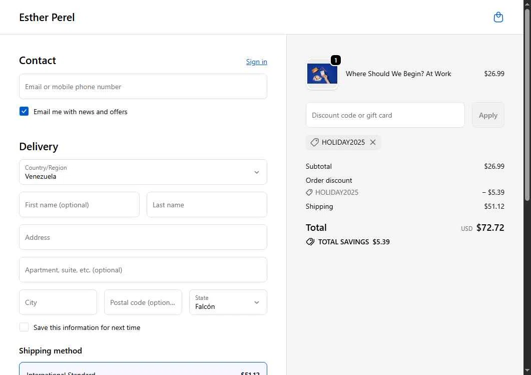 Esther Perel checkout page showing Esther Perel coupon code box | Screenshot taken by SimplyCodes community member on Nov 19, 2025