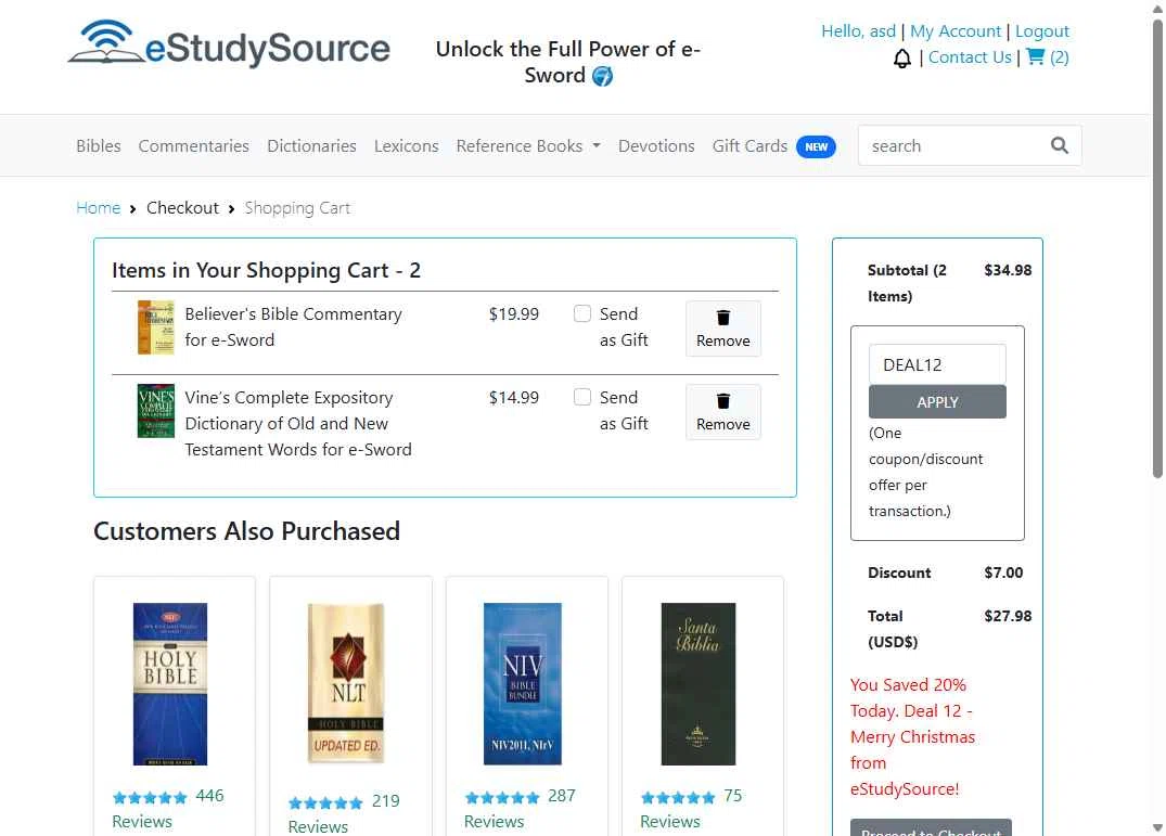 eStudySource.com checkout page showing eStudySource.com coupon code box | Screenshot taken by SimplyCodes community member on Dec 24, 2025